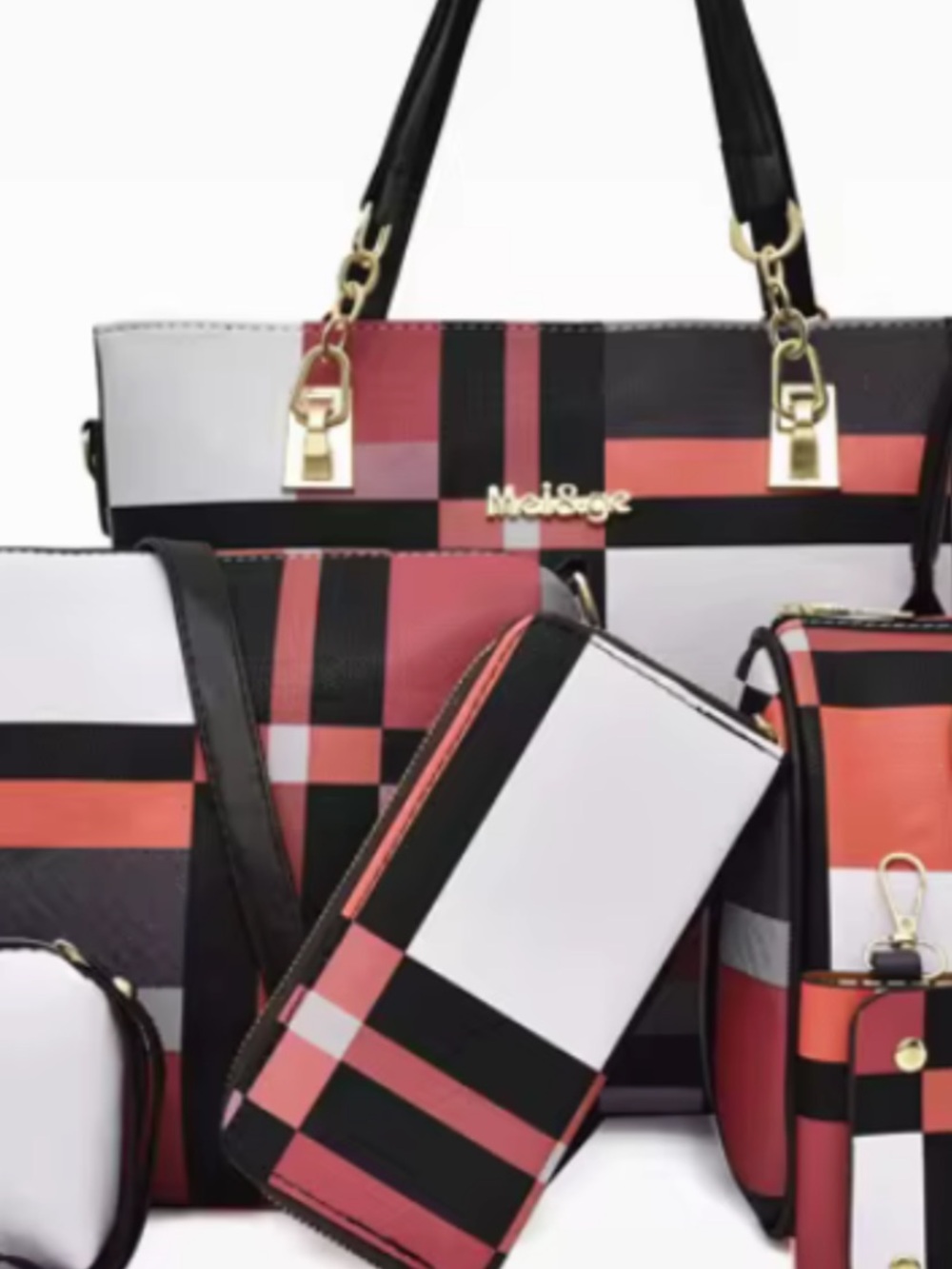 Coral Plaid Women’s Tote Bag Set